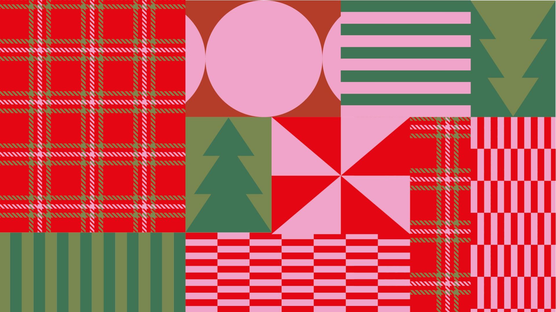 Grafiska former i rosa, rött och grönt som för tankarna till jul.